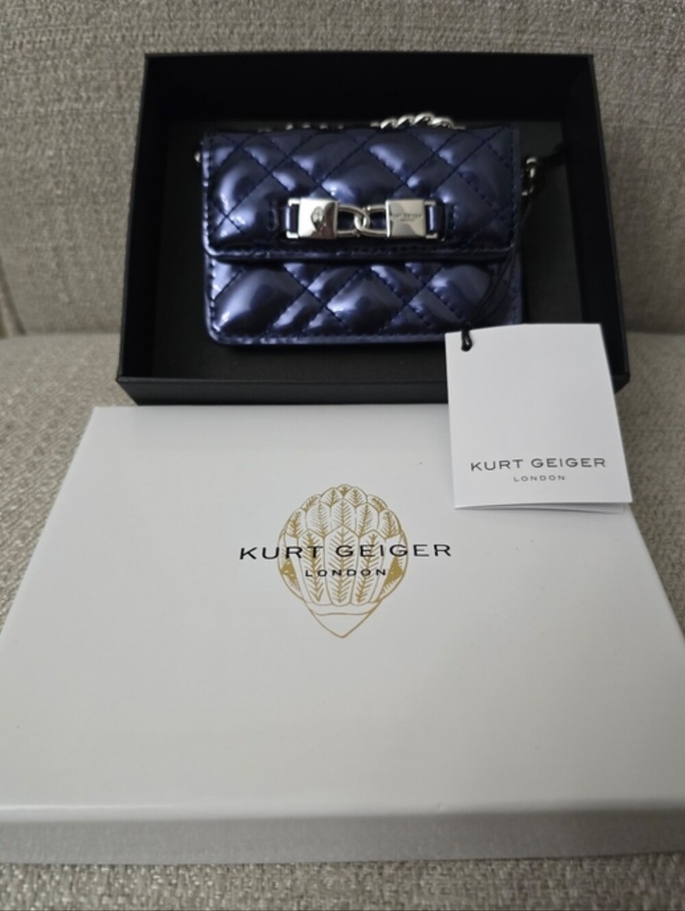 Kurt Geiger London Micro Kingsley Quilted Crossbody Bag Metallic Navy/Purple NWT